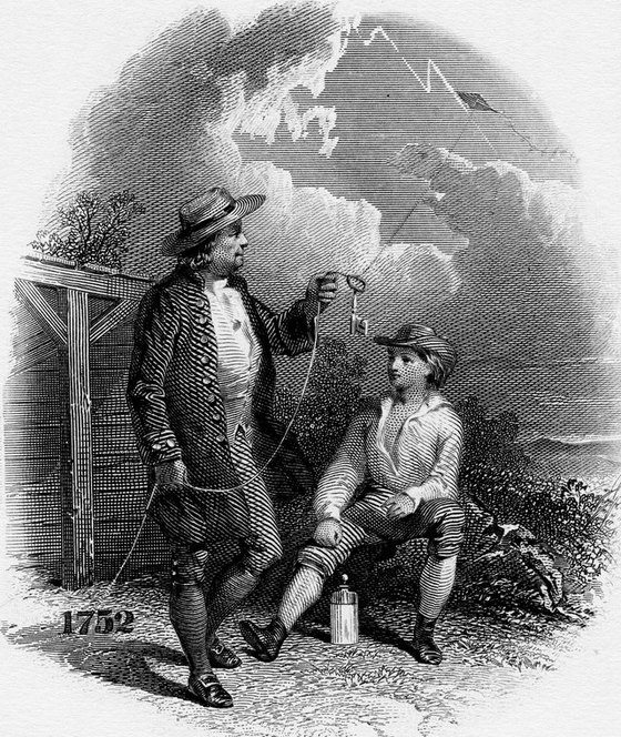 Banknote engraving: Franklin drawing electricity from the sky